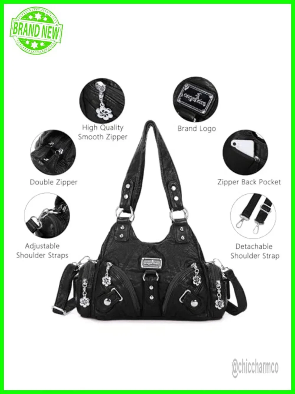 Vegan Leather Hobo Shoulder Bag Multi-Pocket Tote with Zipper